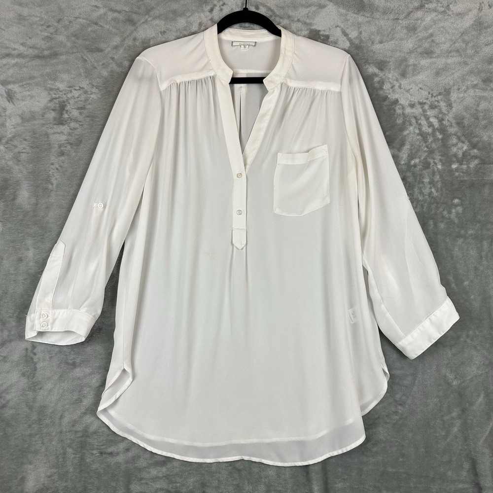 Pleione Tunic Blouse Women's M White Roll Tab Sleeves Semi Sheer